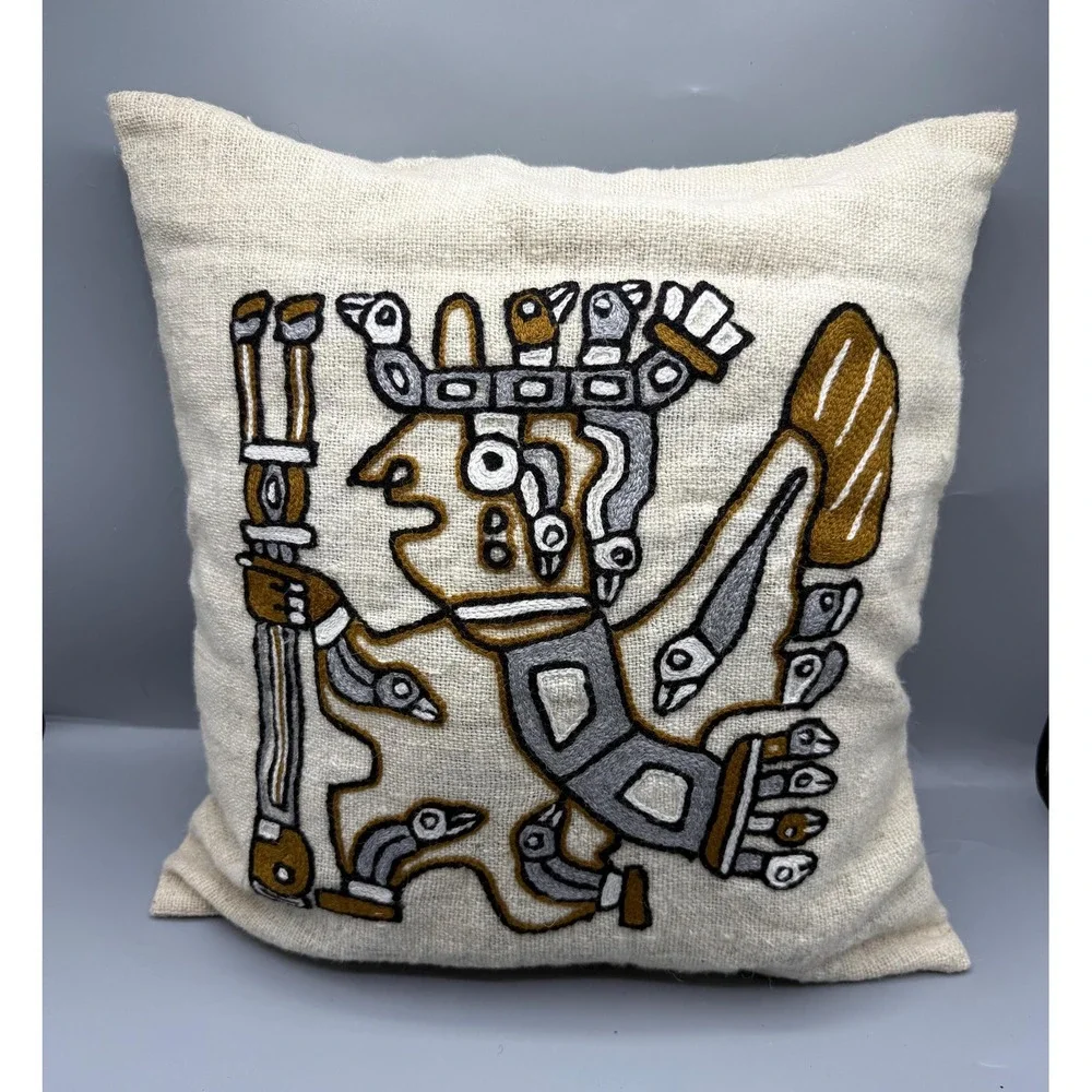 Aztec Tribal Peruvian Crewel Embroidered Throw Pillows Boho Ethnic Set of 2